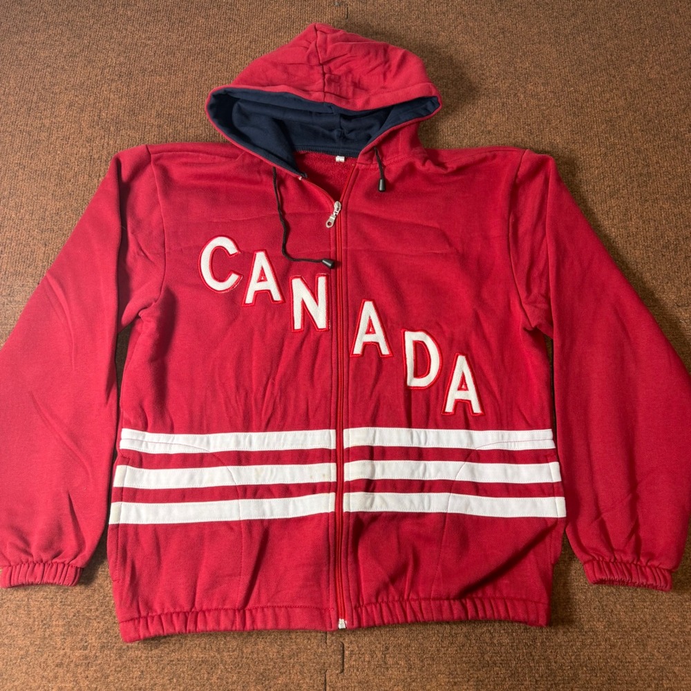 A+ Vintage Canada Red Full Zip Hoodie Sweatshirt White Stripes Men Large